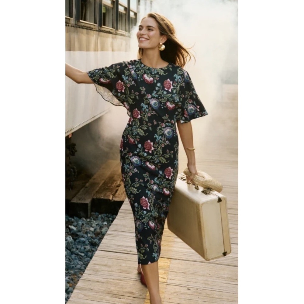 Tuckernuck Midnight Moonflower Leah Cape Dress Floral Flutter Sleeve Midi 4 New